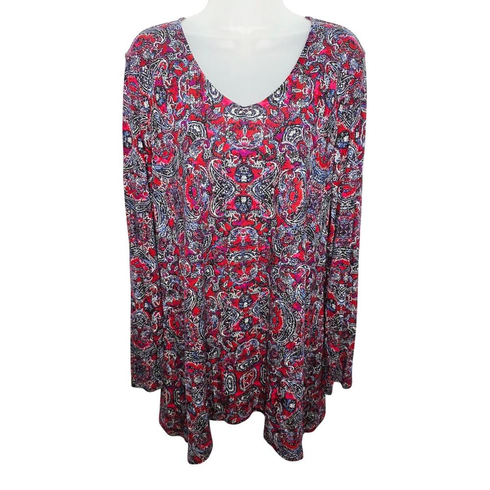 J Jill Wearever Paisley Boho Tunic Top Red Purple Long Sleeve Women’s L